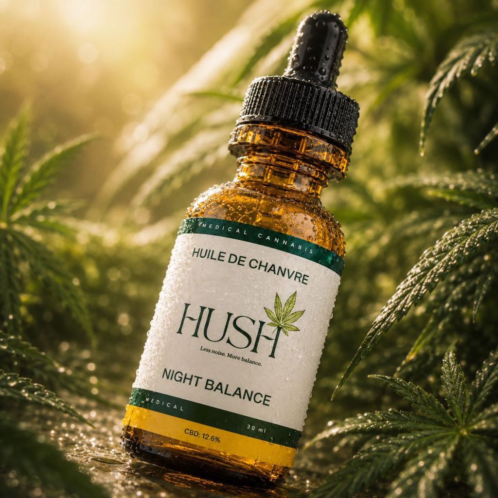 Huile CBD HUSH Night Balance avec gouttelettes d’eau en gros plan au milieu de feuilles de chanvre