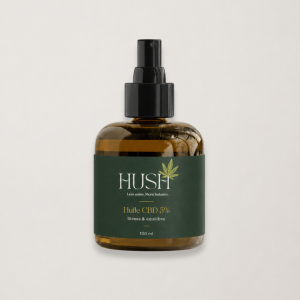 Flacon d’huile CBD 5% HUSH avec étiquette verte premium et format 100 ml.