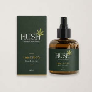 Flacon et étui Huile CBD 5% HUSH avec packaging vert premium au format 100 ml.