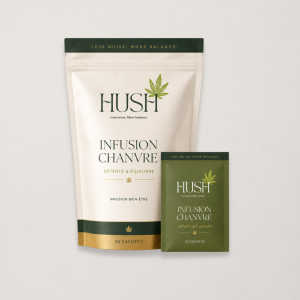 Sachet d’infusion chanvre HUSH Détente & Équilibre avec packaging premium vert, blanc et doré.