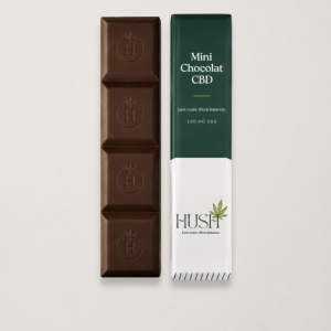 Mini Chocolat noir CBD HUSH avec emballage premium vert et blanc.