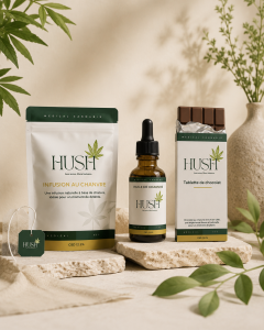 Collection de produits CBD HUSH pour le bien-être naturel Votre panier HUSH avec huiles CBD, infusion au chanvre et tablette au chocolat CBD en Guadeloupe