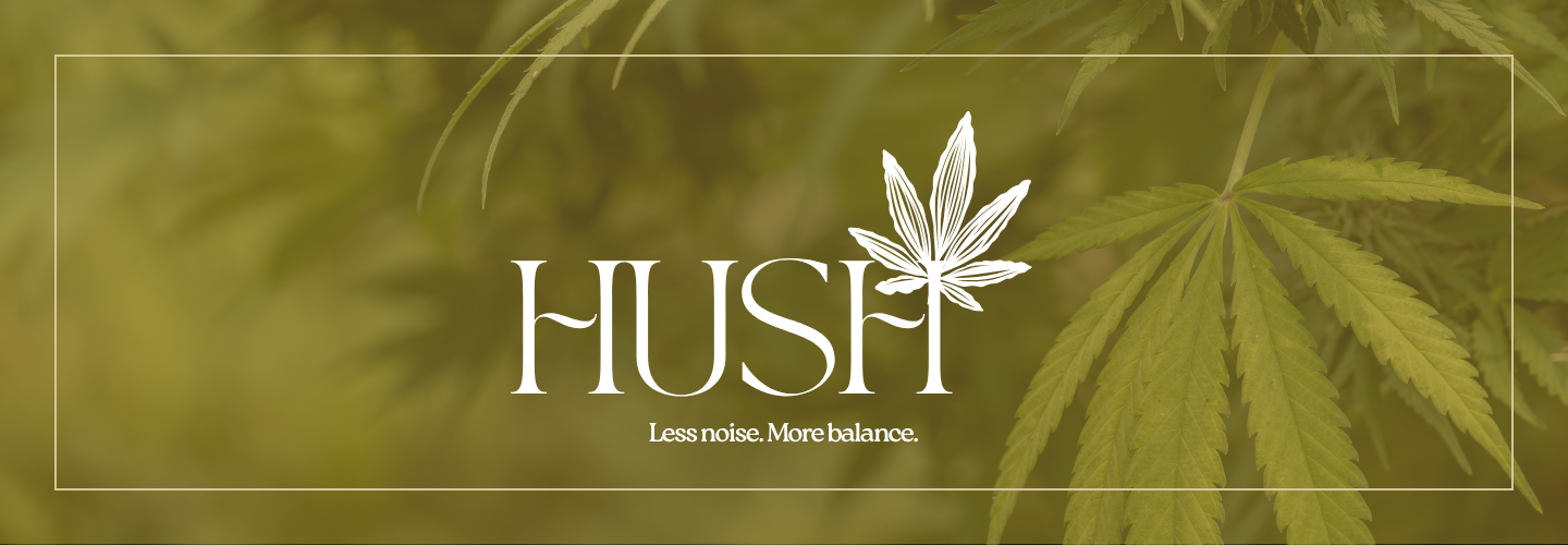HUSH Logo HUSH sur fond de feuilles de chanvre, marque de produits CBD dédiée au bien-être naturel